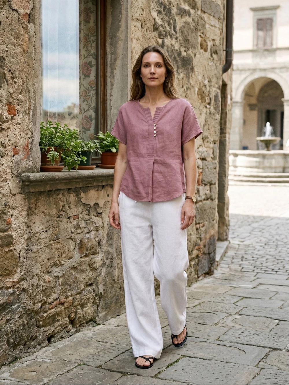 Women's Short Sleeve Button-Front Tee in Dusty Rose mauve